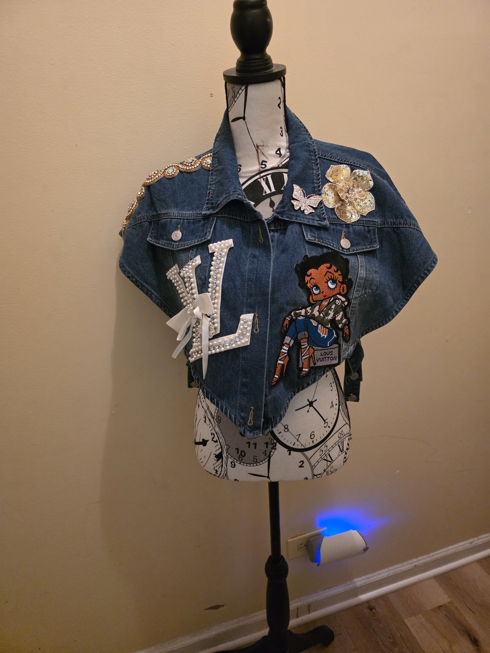 Blue Denim Jacket with Pearl LV Patch & Character Appliqué